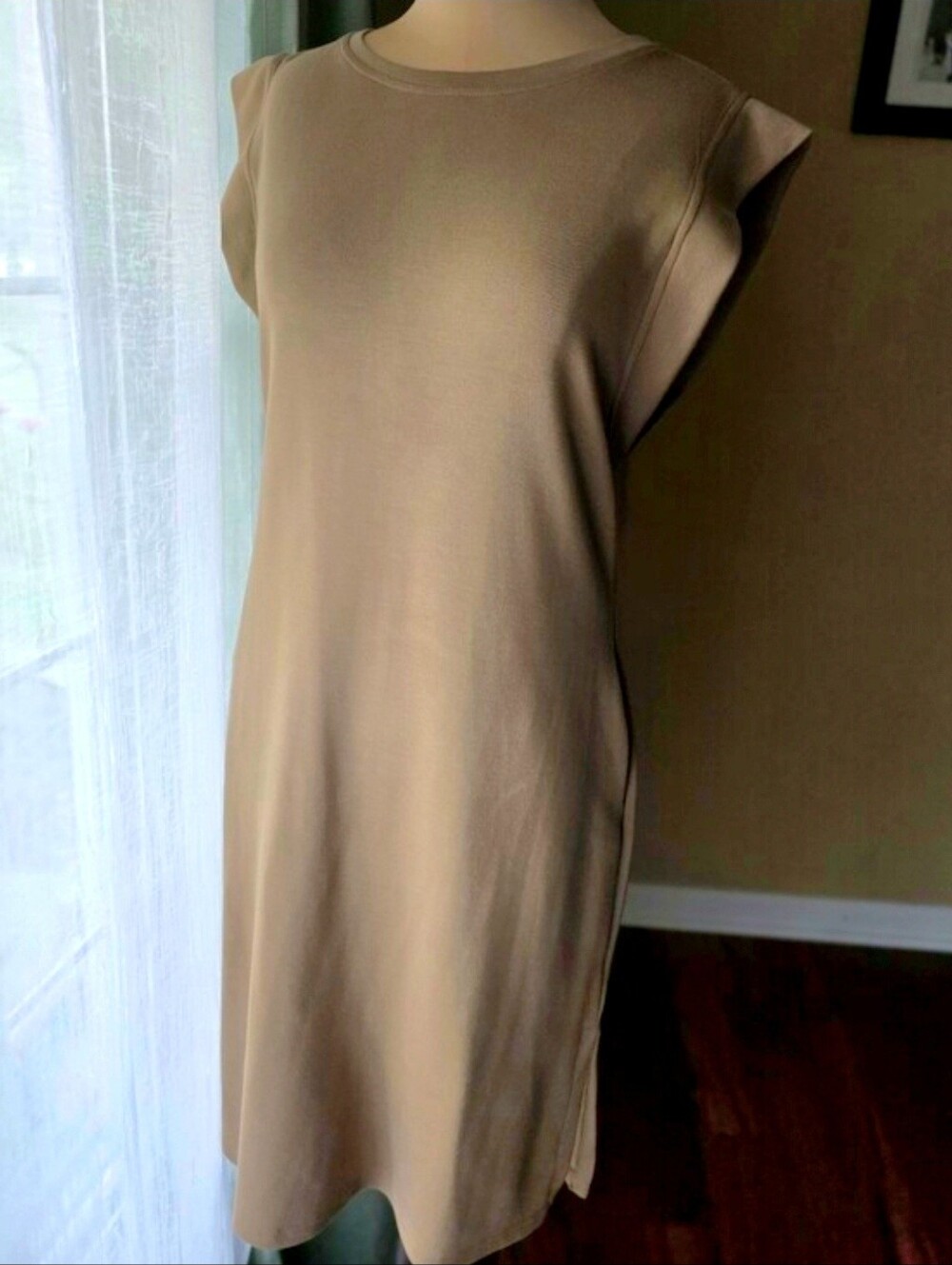 Taupe Tan Cap Ruffle Sleeve Shift Dress Neutral Minimalist Capsule Knee Medium
